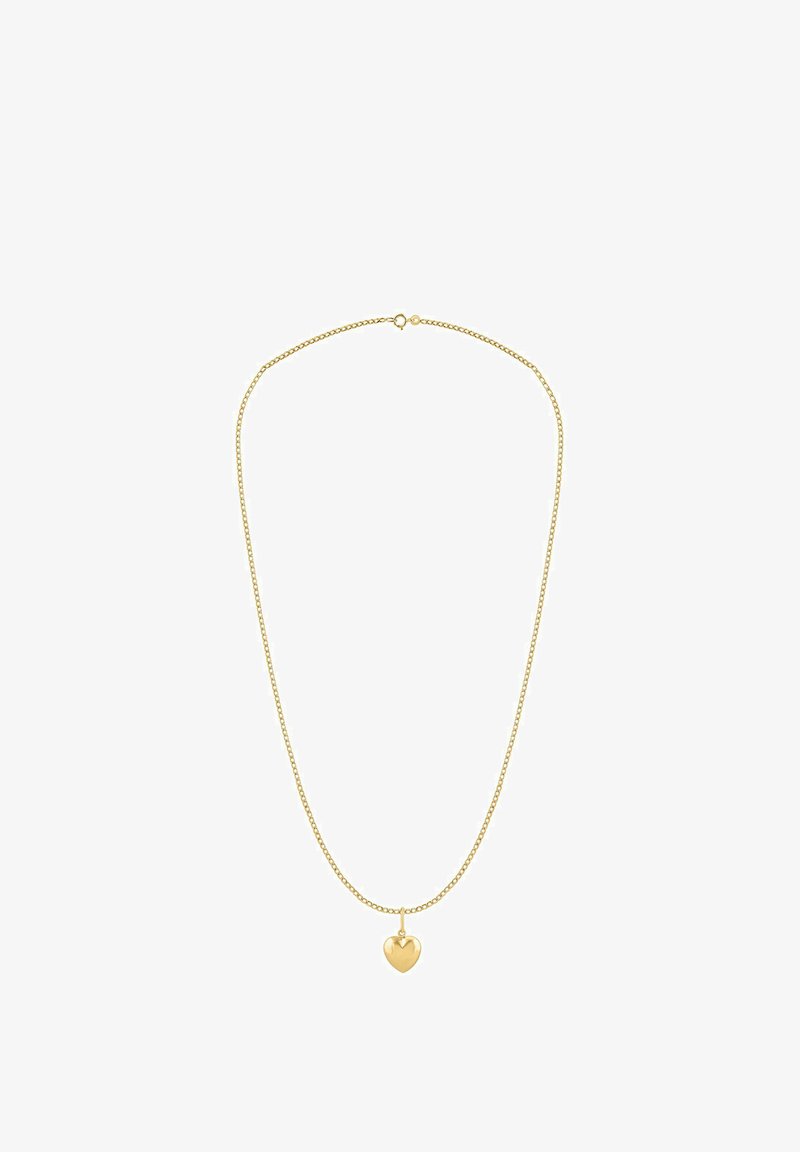 Collar de cadena de oro con un sencillo colgante de corazón. La cadena tiene un patrón delicado con un acabado liso y pulido en el corazón.