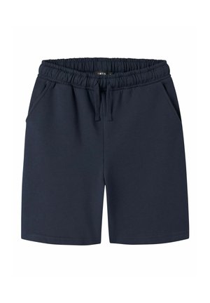 Granatowe casualowe szorty z elastycznym pasem, sznurkiem i bocznymi kieszeniami, rozłożone na płasko na białym tle.