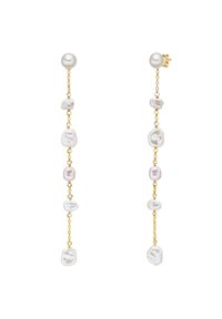 Orecchini in tono oro con una stringa verticale di perle di acqua dolce irregolari nei toni bianco e rosa, rifiniti con una perla tonda a forma di chiodo.