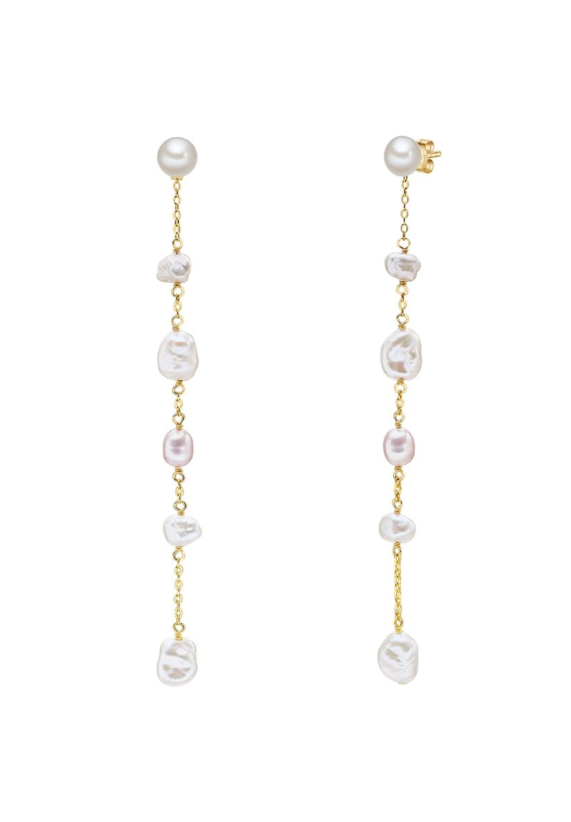 Orecchini in tono oro con una stringa verticale di perle di acqua dolce irregolari nei toni bianco e rosa, rifiniti con una perla tonda a forma di chiodo.
