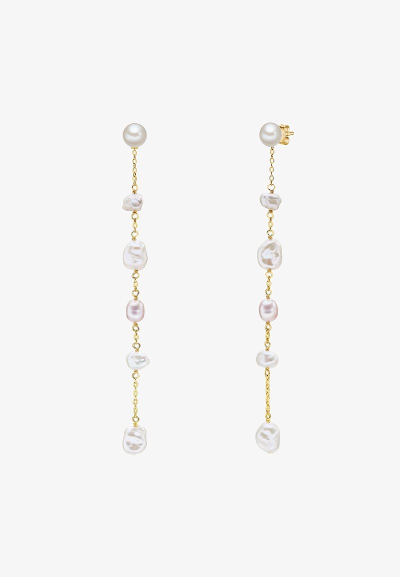 Orecchini in tono oro con una stringa verticale di perle di acqua dolce irregolari nei toni bianco e rosa, rifiniti con una perla tonda a forma di chiodo.