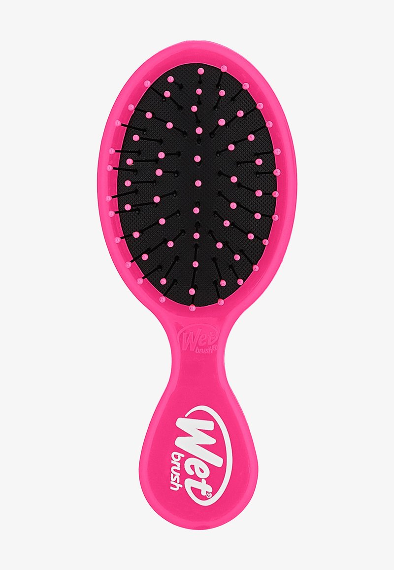 Wet Brush, oval design, rosa plasthandtag, svarta borst med rosa toppar, flexibel för att reda ut hår utan att skada det.