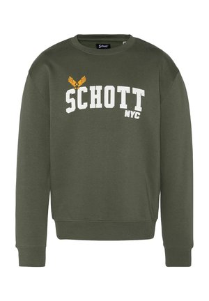 Sudadera verde oliva con cuello redondo, que presenta texto blanco "SCHOTT" y un logo de águila en amarillo. Puños y dobladillo acanalados. Tela suave.