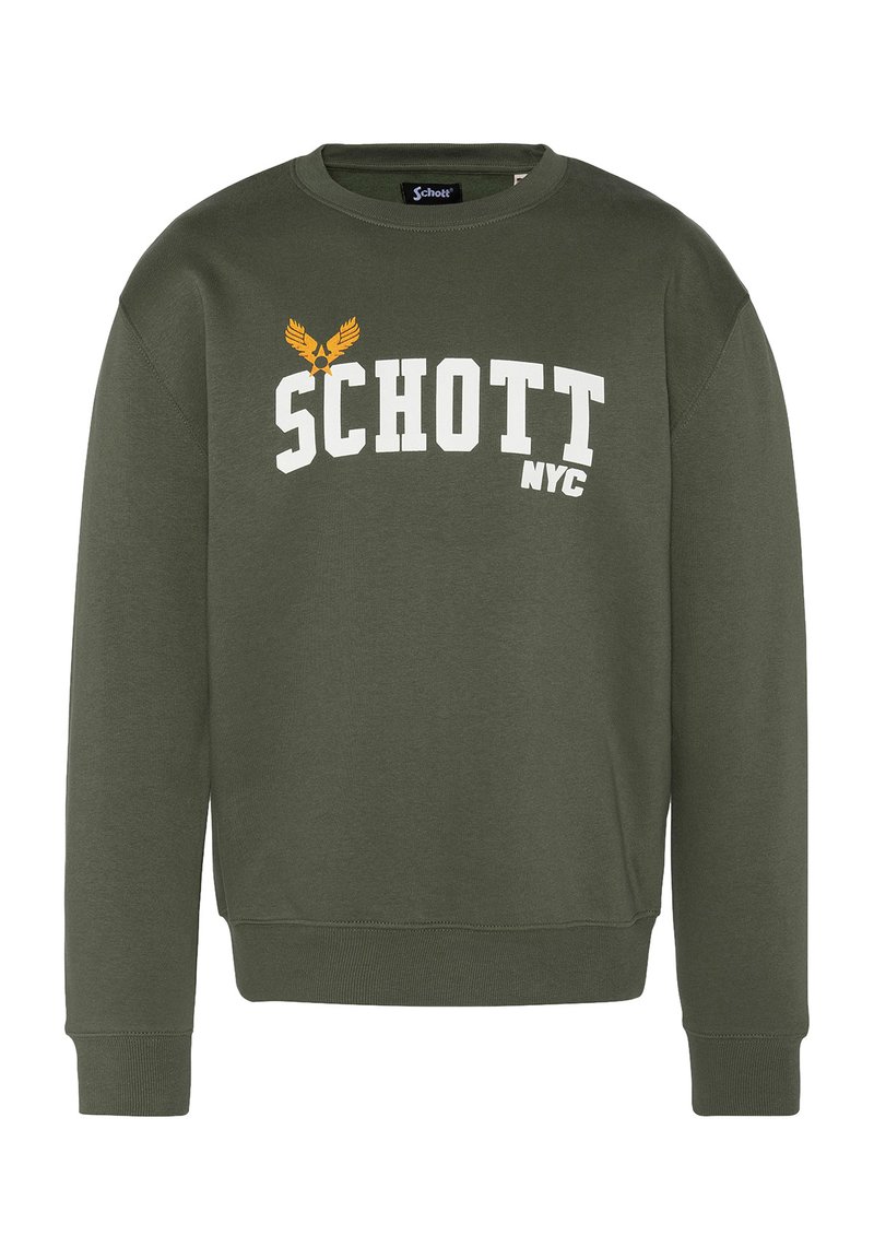 Sudadera verde oliva con cuello redondo, que presenta texto blanco "SCHOTT" y un logo de águila en amarillo. Puños y dobladillo acanalados. Tela suave.