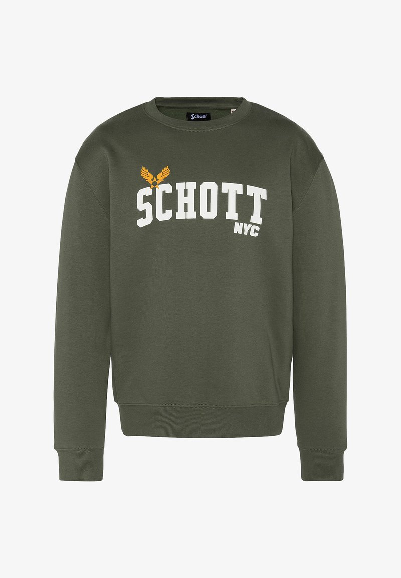 Felpa verde oliva con collo a giro, caratterizzata da testo bianco "SCHOTT" e un logo di aquila giallo. Maniche e orlo a costine. Tessuto morbido.