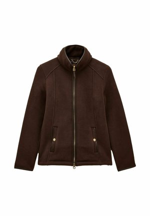 Brown fleece jacket with a high collar, full zip front, two side pockets, and contrasting black trim. Soft texture with visible stitching accents.