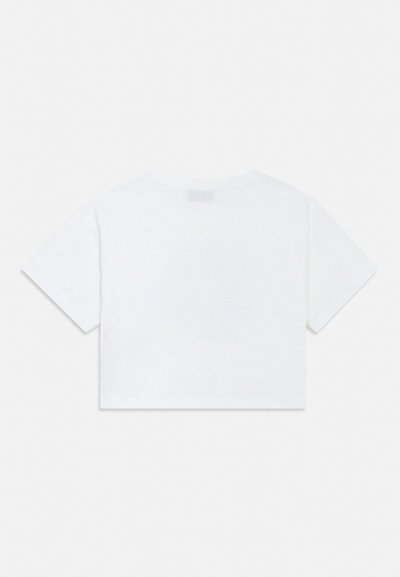 T-shirt court blanc uni à manches courtes, vu de dos, avec un col rond sur un fond clair uni.