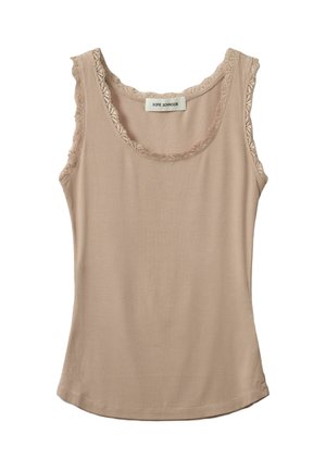 Débardeur beige à côtes avec un col en scoop et une bordure en dentelle le long des bords. Tissu doux, design ajusté, sans motifs ni pièces métalliques visibles.