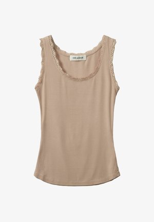 Beige geribbelde tanktop met een ronde halslijn en kantafwerking langs de randen. Zachte stof, aansluitend ontwerp, geen zichtbare patronen of hardware.