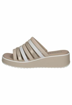 Beige wedge slide sandals with five wide straps in beige, metallic gold, and white. Textured sole with light cushioning.