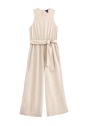 Beige Leinen-Overall mit ärmellosem Design, weiten Hosenbeinen und einem Bindegürtel in der Taille. Glatte Textur und minimale Details.