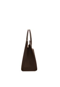 Brown leather handbag with a triangular shape, double handles, and gold-tone hardware. Features a zipper closure along one side.