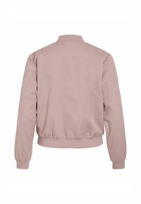 Veste bomber rose poudré unie avec col, poignets et ourlet côtelés, vue de dos sur fond blanc.