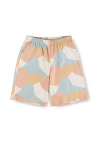 Multicolored cotton shorts with an elastic waistband. Features abstract shapes in soft pastels: blue, peach, and beige. Lightweight fabric.