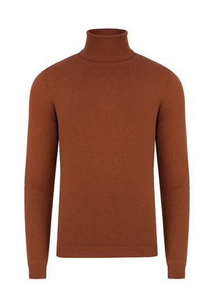 Brązowy sweter z golfem, z długimi rękawami, prążkowanymi mankietami i miękkim, teksturowanym splotem. Zaprojektowany w dopasowanej sylwetce.