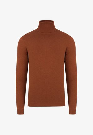 Brązowy sweter z golfem, z długimi rękawami, prążkowanymi mankietami i miękkim, teksturowanym splotem. Zaprojektowany w dopasowanej sylwetce.