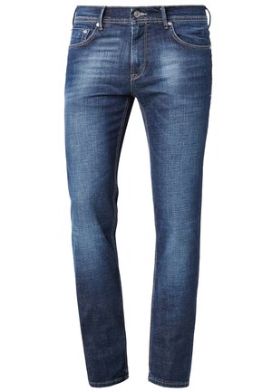 Jean en denim bleu à coupe slim, fermeture à bouton et zip sur le devant, cinq poches et légère décoloration au niveau des cuisses et des genoux.