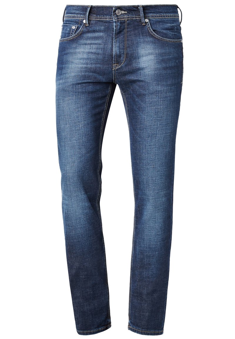 Blauwe denim jeans met een smalle pasvorm, voor-ritssluiting met knopen, vijf zakken en subtiele vervaging op de dijen en knieën.