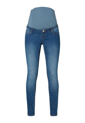 Skinny jeans in mid-blue denim, featuring a high waistband that is smooth, with silver hardware and classic five-pocket design.