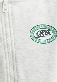 Haut de hoodie zippé gris clair avec un logo ovale vert et noir portant les textes "ORG" et "JACK & JONES STUDIOS", texture lisse et fermeture éclair visible.