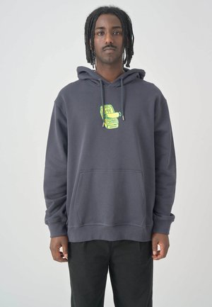 Gray hooded sweatshirt featuring a front pocket and a bright green graphic design on the chest. Made from a soft, textured fabric.