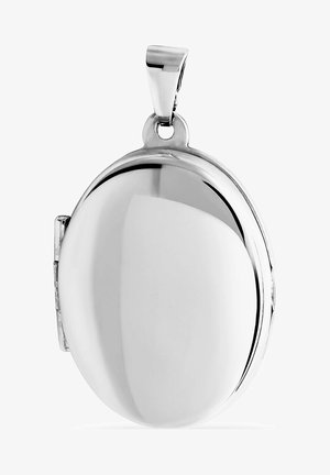 Ciondolo ovale color argento con finitura lucida, dotato di cerniera sicura e anello per attacco alla collana.