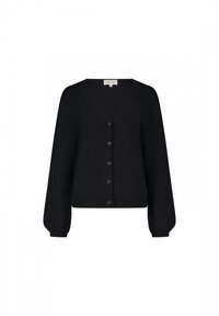 Schwarze gestrickte Cardigan mit V-Ausschnitt, langen, puffärmeligen Ärmeln und goldenen, herzförmigen Knöpfen entlang der Vorderseite. Glatte Textur und taillierter Saum.