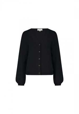 Zwarte gebreide cardigan met een V-hals, lange poofmouwen en gouden hartvormige knopen langs de voorkant. Glad textuur en aansluitende zoom.