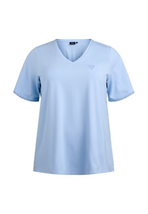 Light blue V-neck t-shirt with short sleeves, featuring a heart embroidery detail and scalloped lace trim on sleeves. Soft fabric texture.
