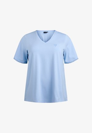 Light blue V-neck t-shirt with short sleeves, featuring a heart embroidery detail and scalloped lace trim on sleeves. Soft fabric texture.