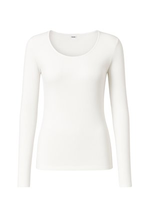 Top bianco a maniche lunghe con scollatura rotonda, tessuto liscio, design aderente e senza motivi o dettagli visibili.