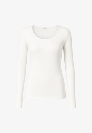 Top bianco a maniche lunghe con scollatura rotonda, tessuto liscio, design aderente e senza motivi o dettagli visibili.