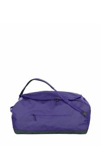 Borsa da viaggio viola con superficie testurizzata, due manici e una tracolla regolabile. Dotata di una tasca frontale con cerniera e base nera a contrasto.