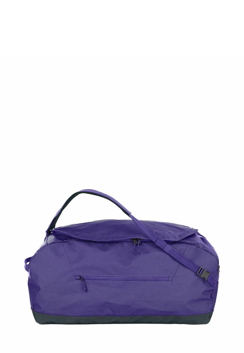 Borsa da viaggio viola con superficie testurizzata, due manici e una tracolla regolabile. Dotata di una tasca frontale con cerniera e base nera a contrasto.