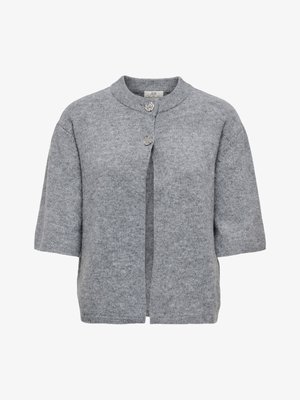 Cardigan grigio a maniche corte in maglia con due bottoni decorativi argentati e scollo rotondo, realizzato in tessuto morbido e strutturato.