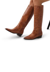 Bottes marron en cuir montantes avec un bout pointu et un petit talon carré, présentant une texture lisse et un design minimaliste.