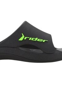 Sandalo nero con design curvo, caratterizzato da un logo "rider" verde, realizzato in materiale testurizzato, e un dettaglio ritagliato per la ventilazione.