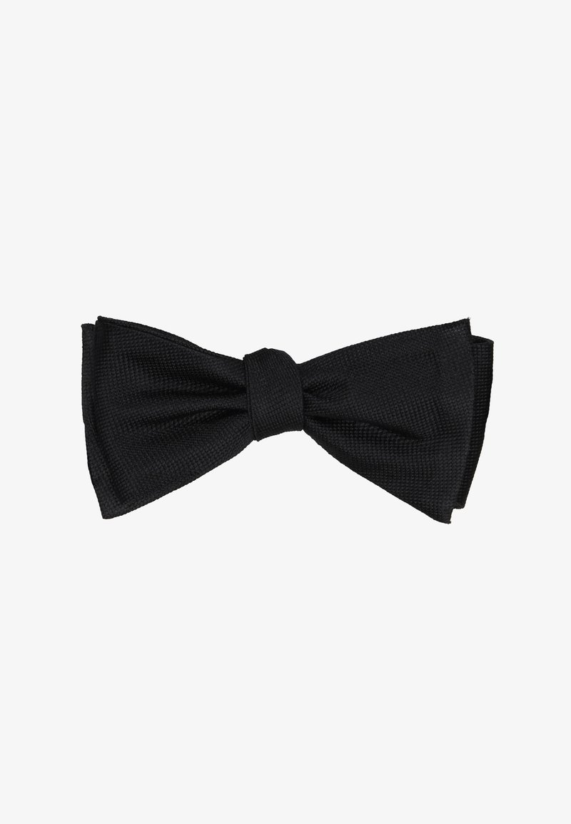 Crni leptir mašna od teksturiranog materijala, klasičnog oblika s središnjim čvorom. Ima sofisticiran, glatki finiš i oštre rubove.