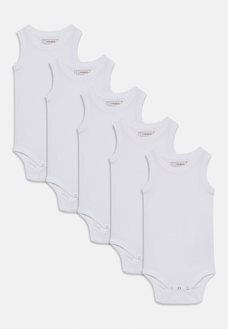 Sett med fem hvite bomullssinglet bodysuits med rund hals og trykknapper nederst. Glatt tekstur, minimalistisk design.