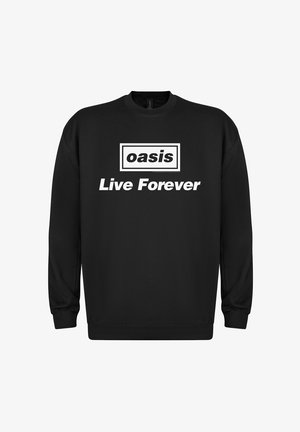 Zwarte sweatshirt van een katoenmix, met witte tekst "oasis Live Forever" in vetgedrukt lettertype, rechthoekig logo-ontwerp op de voorkant.