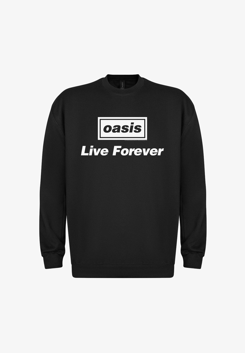 Svart hettegenser laget av bomullsblanding, med hvit tekst "oasis Live Forever" i fet skrift, rektangulært logodesign på fronten.