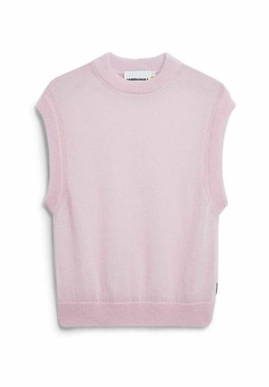 Roze mouwloos truitje met een ronde hals, gemaakt van zachte gebreide stof, met een strak ontwerp en een geribbelde zoom aan de onderkant.