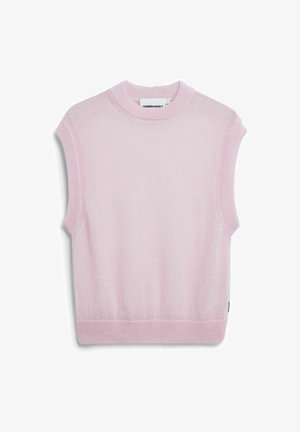 Pull sans manches rose à col rond, en tissu tricoté doux, présentant un design épuré et une bordure côtelée en bas.