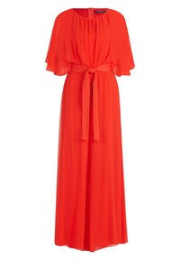 Röd maxiklänning gjord av lättviktsmaterial, med en lös passform, korta fjärilssleeves, en cinchad midja med ett matchande bälte och en dragkedja i ryggen.