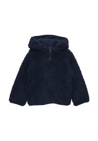 Marineblauwe fleece jas met een gestructureerde, fluffy buitenkant, lange mouwen, een ritssluiting aan de voorkant en een gezellige capuchon. Zacht en casual ontwerp.