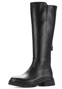 Czarne skórzane botki sięgające do kolan o gładkiej fakturze, okrągłym nosku i grubej gumowej podeszwie. Zamek błyskawiczny z boku do zapinania oraz detalowe przeszycia wzdłuż szwów.