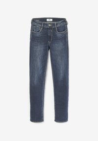 Jeans en denim bleu foncé avec une coupe droite, cinq poches et des détails de couture jaune sur la taille et les bords des poches.