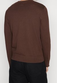 Pull en maille marron avec un col rond, des poignets et un ourlet côtelés, présentant une texture lisse et une coupe décontractée. Porté avec un pantalon foncé.