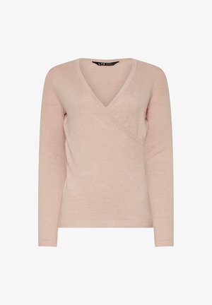 Lichtroze lange mouwen wikkeltop met een V-hals ontwerp, gemaakt van zachte stof en met een getailleerde snit zonder versieringen.