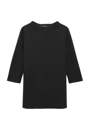 Black long-sleeve top featuring a round neckline and relaxed fit. Made from a smooth, stretchy fabric with a simple, clean design.